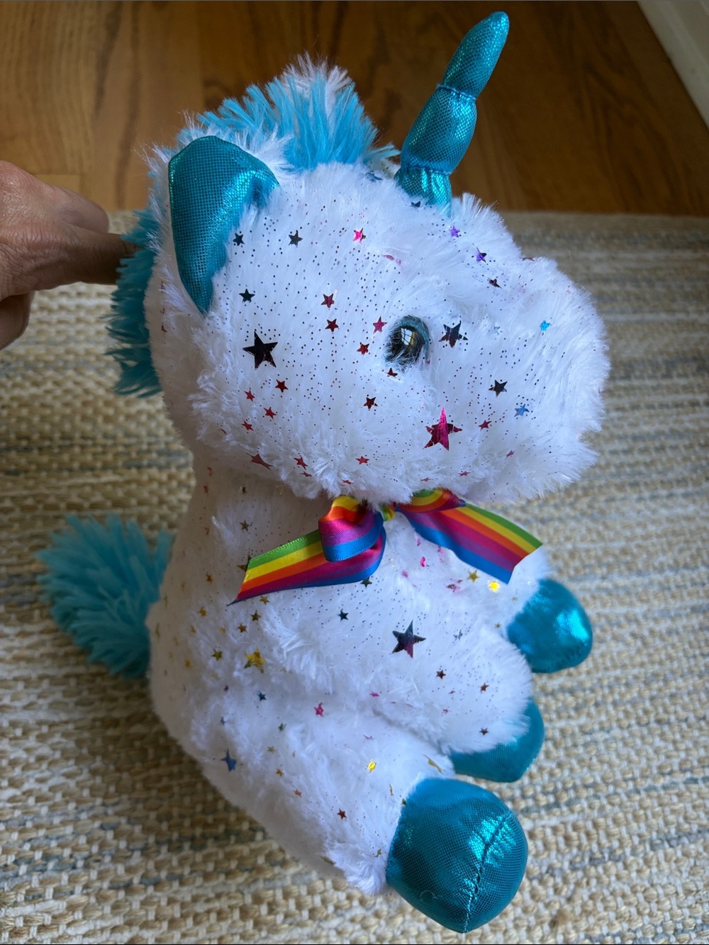 White Plush Unicorn Glitter Accent Toy with Teal Metallic Details